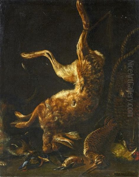 Jagdstuck Mit Erlegtem Hasen Und Vogeln - view 1