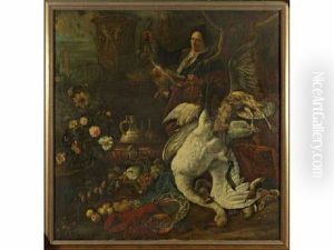 Nature Morte Aux Gibiers, Homards, Fleurs Et Fruits Autour Du Portrait D'un Chasseur Tenant Un Lievre