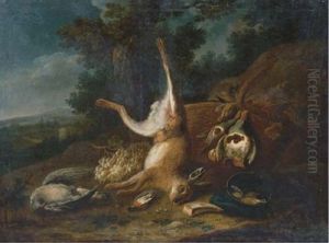 Game Including A Dead Hare And Birds With Hunting Paraphernalia On A Forest Floor