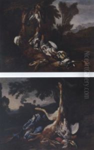 A Hunting Still Life With A Hare, Three Fiedlfares And Two Partridges Suspended By Ropes, A Pigeon And Other Birds In A Landscape, A Palace Beyond