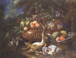 Nature Morte De Fruits Et Trophees De Chasse Dans Un Paysage Avec Architecture by Bernaert De Bridt