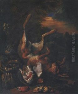 A Hunting Still Life With A Pheasant And Songbirds In A Landscape by Bernaert De Bridt