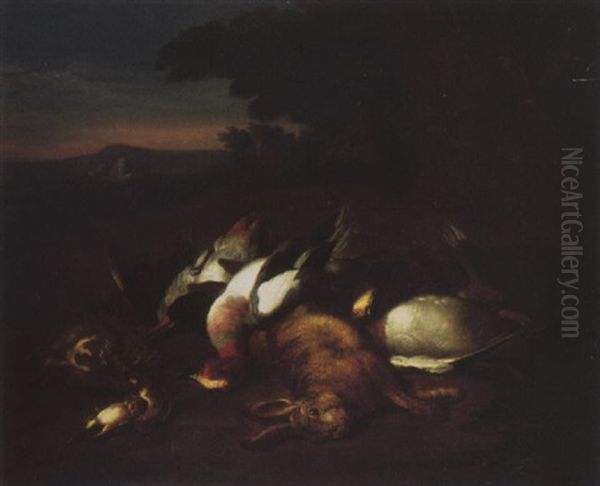 Game Including A Hare, Ducks And Songbirds In A Wooded Landscape, A Castle And Mountains Beyond - view 1