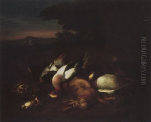 Game Including A Hare, Ducks And Songbirds In A Wooded Landscape, A Castle And Mountains Beyond by Bernaert De Bridt