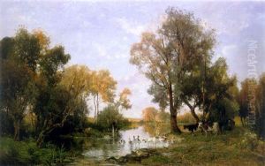 Ducks Bathing In A River