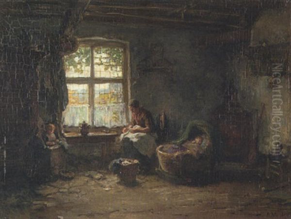 Nahende Bauerin An Der Wiege In Hollandischer Stube - view 1