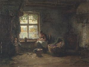Nahende Bauerin An Der Wiege In Hollandischer Stube by Arthur Henri Christiaan Briet