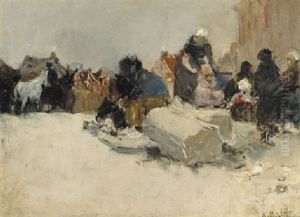 A Winter Scene With Peasants Putting On Their Skates