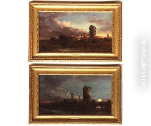 East Anglian Landscape With Windmills At Dusk And Moonlit River Landscape (a Pair)