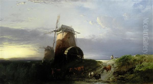 A Drover And Cattle In Front Of A Windmill - view 1