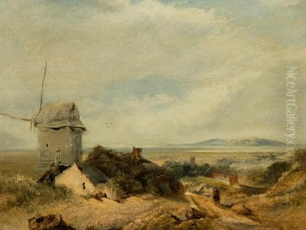 Estuary Landscape With Cloaked Figure Beside A Windmill - view 1