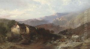 A Welsh Landscape With Figures, Cattle And Sheep Before A Cottage by Henry Bright