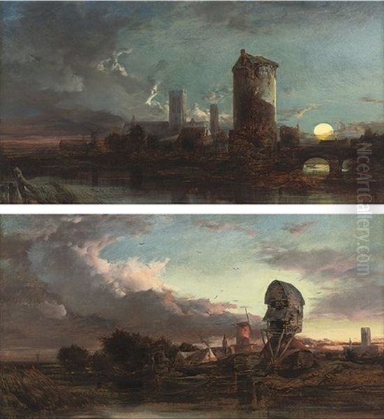 Windmills In An East Anglian Landscape At Dusk (+ A Castle Beside A River; Pair) - view 1