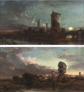 Windmills In An East Anglian Landscape At Dusk (+ A Castle Beside A River; Pair)