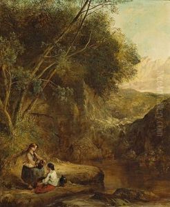 A Wooded Landscape With Two Women On The Banks Of A Stream by Henry Bright