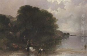 Cattle Watering With Countryfolk By A Cottage In An Extensive River Landscape by Henry Bright