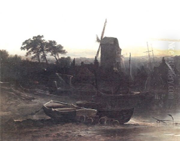 A Twilight River Landscape With Fishing Smacks On The Beach In The Foreground And A Windmill Beyond - view 1