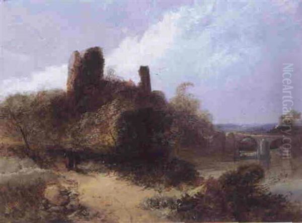 Figures On A Path Before Okehampton Castle - view 1