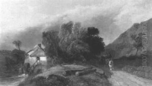 Watermill In A Wooded Landscape With A Horse And Cart by Henry Bright