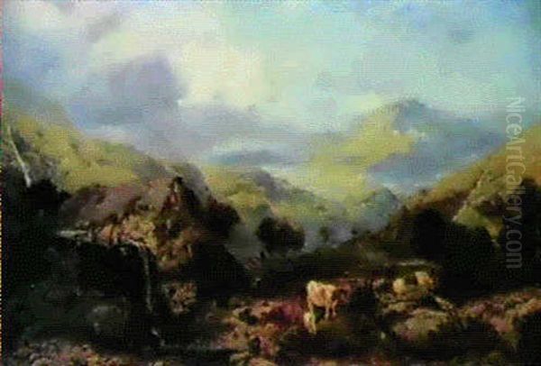 Cattle And A Figure Before A Water Mill In The Welsh Mountains - view 1