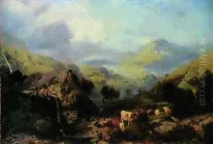 Cattle And A Figure Before A Water Mill In The Welsh Mountains by Henry Bright
