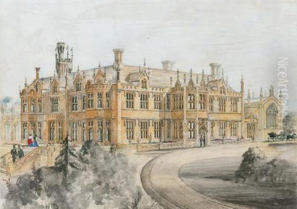 Figures Promenading Outside Ketteringham Hall - view 1