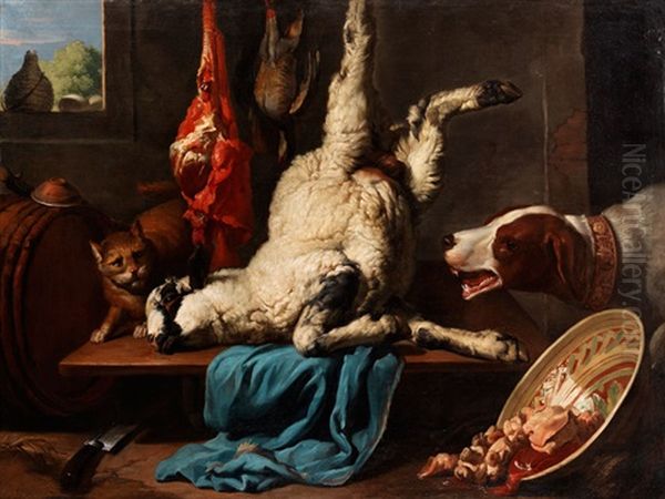 Stilleben Mit Totem Lamm Zwischen Katze Und Hund - view 1