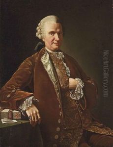 Portrait Of A Gentleman Seated, In A Rust Coat And Gold Embroidered Waistcoat, His Right Hand Resting On A Book