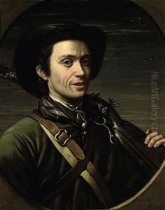 Portrait Of The Artist, In Hunting Dress, A Rifle Resting On His Shoulder, With Duck In Flight Beyond