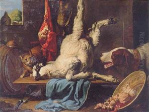 A Dog Confronting A Cat In The Vicinity Of A Dead Lamb Suspended Above A Wooden Table Draped With A Blue Cloth
