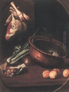 Still Life Of Copper Pans, Plums, Salami, And Celeriac, On A Table With A Cow's Head