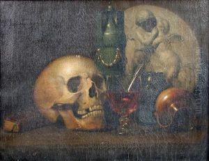 A Vanitas Still Life, With A Skull, A Roemer, A Green Vase, And A Marble Plaque With Putti Embracing by Thomas Brigstocke