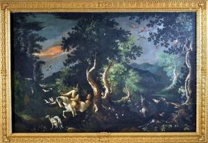 Paesaggio Boschivo Con Scena Di Caccia Agli Uccelli Con Falco
