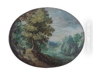 A Wooded, Hilly River Landscape With Two Travellers And A Dog Resting On A Path by Mattheus Bril the Younger