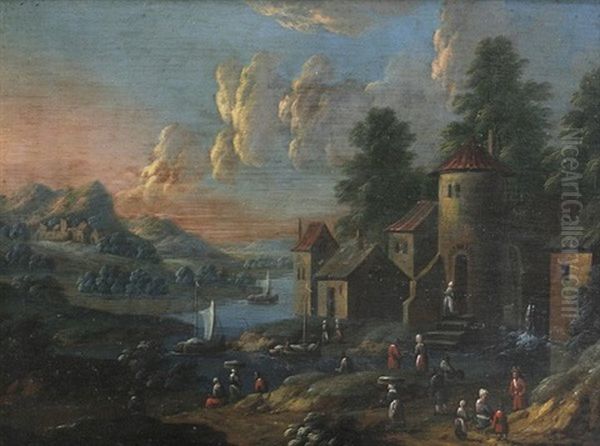 Fluslandschaft Mit Fischerbooten Bei Einem Belebten Dorf - view 1