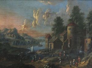 Fluslandschaft Mit Fischerbooten Bei Einem Belebten Dorf by Mattheus Bril the Younger