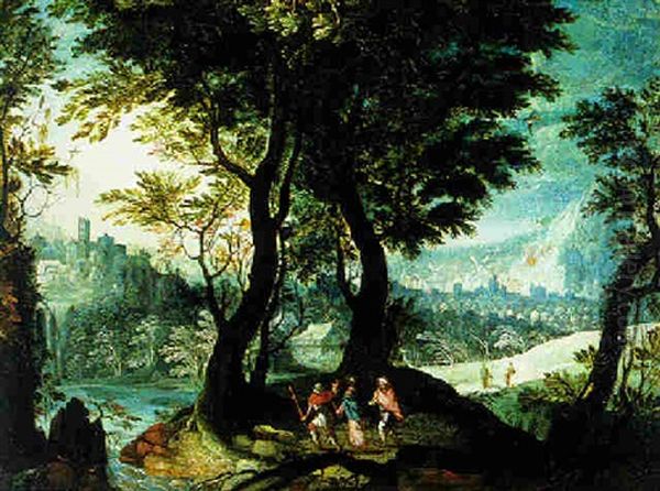 Bewaldete, Gebirgige Fluslandschaft Mit Emmausgangern - view 1