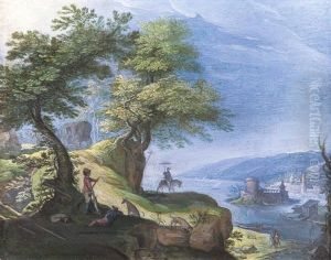 Felsige Kustenlandschaft Mit Jager, Pferdefuhrwerk Und Ausblick Auf Eine Stadt