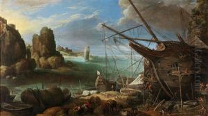 A Coastal View With A Large Ship Being Repaired by Paul Bril