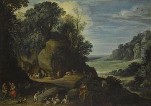 An Extensive Landscape With Herdsmen Resting On A Rocky Outcrop, A Woman Spinning Wool In The Foreground by Paul Bril