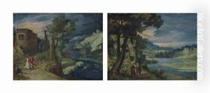 A River Landscape With The Supper At Emmaus; And A River Landscape With The Temptation Of Christ by Paul Bril