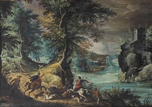 A Wooded River Landscape With A Boar Hunt - view 1