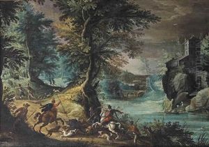 A Wooded River Landscape With A Boar Hunt by Paul Bril
