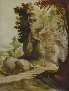 Waldlandschaft Mit Einer Kapelle Und Zwei Wanderern Bei Einem Holzsteg by Paul Bril