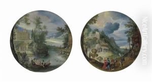 Autumn: A Wooded Landscape With Apples Being Harvested In The Foreground, A Villa And Lake Beyond (+ Spring: Elegantly Dressed Figures Playing Music In A Rowboat In The Foreground; Pair)