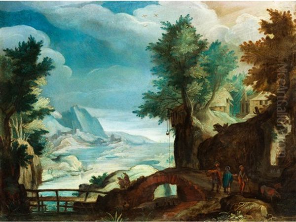 Landschaft Mit Flusslauf, Steinbrucke, Gebauden Und Figurenstaffage - view 1