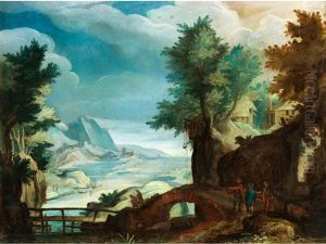 Landschaft Mit Flusslauf, Steinbrucke, Gebauden Und Figurenstaffage by Paul Bril