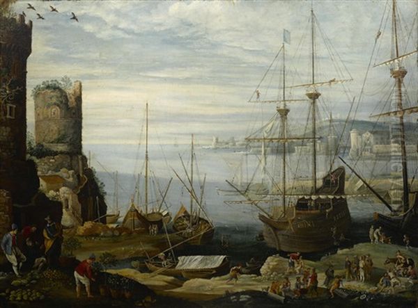 A Capriccio Harbor Scene With Boats, Ships And Numerous Figures In The Foreground - view 1