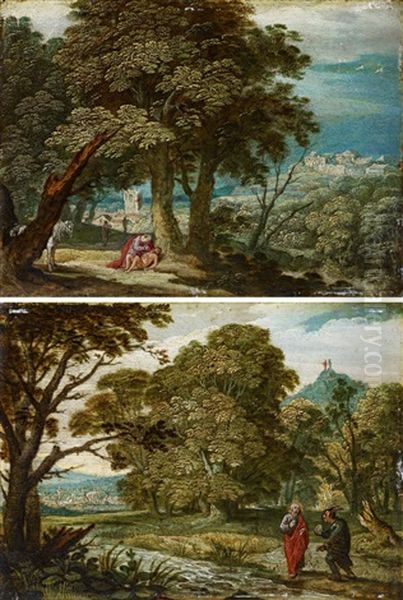Zwei Gemalde: A.) Der Barmherzige Samariter B.) Versuchung Christi In Weiter, Bewaldeter Landschaft - view 1