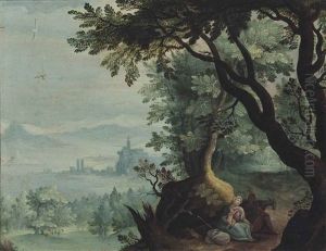 An Extensive Wooded Landscape With The Rest On The Flight Into Egypt by Paul Bril